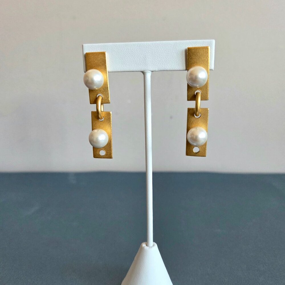Large Martha Sturdy Vancouver gold tone and faux pearls large dangling earrings.